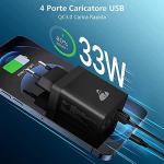 Caricabatterie USB a 4 porte USB, Carica Rapida, Quick Charger 3.0 33W 6A, universale, nero