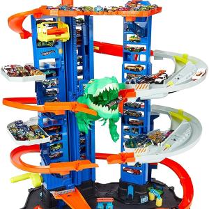 Ultimate Garage Assalto del T-Rex Robot, con 2 Macchinine incluse, Hot Wheels
