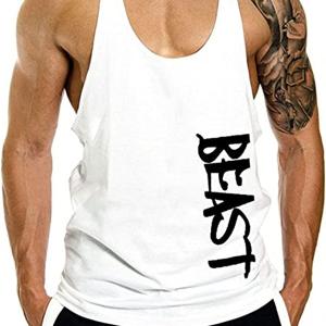 Canotta fitness, palestra, bodybuilding, canottiera smanicato in cotone, sport tank top, Cabeen Beast, bianco