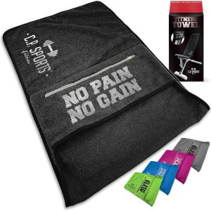 Asciugamano per palestra, fitness, in microfibra, fissaggio per panca, borsa, morbido, lavabile, lungo, unisex, colore Nero, C.P Sports