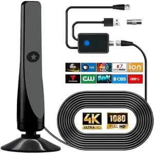 Antenna TV digitale, potente antenna HDTV interna esterna con amplificatore, ricezione 360° di 50 miglia antenna TV, supporta 4K 1080P, TV DVB-T2 VHF UHF, cavo coassiale 5M