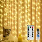 Weihnachtsdekoration, Vorhang aus Kupferdraht, 300 LED warmweißes Licht, USB-Aufladung, mit Fernbedienung