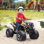 Quad électrique pour enfants, 12V, avec feux de travail et pédale, batterie rechargeable, âge 3-5 ans, couleur jaune.