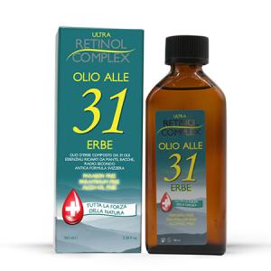 Olio alle 31 Erbe senza Parabeni, Paraffina e Alcohol utile contro Mal di Testa e dolori al corpo, 100ml