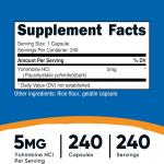 Nutricost Yohimbine HCl 5 mg – 240 Capsule | Integratore Naturale Termogenico ed Energetico